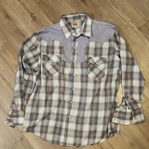 Ely Cattlemen Men's Blue and Cream Plaid Button Down Shirt